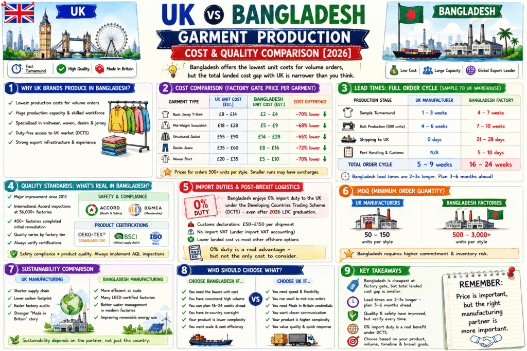 Cost Comparison: UK vs Bangladesh Per Garment Type Factory gate prices in Bangladesh remain substantially below equivalent UK production costs for volume orders, though the precise gap varies by garment type and order size. Garment Type UK Unit Cost (est.) Bangladesh Unit Cost (est.) Cost Difference Basic jersey T-shirt £8–£14 £2–£4 Bangladesh ~70% lower Mid-weight sweatshirt £18–£28 £5–£9 Bangladesh ~68% lower Structured jacket £55–£90 £14–£28 Bangladesh ~65% lower Denim jeans £35–£60 £8–£16 Bangladesh ~72% lower Woven shirt £20–£35 £5–£10 Bangladesh ~70% lower These are factory gate prices for volume orders, typically 500 units and above per style. Below that threshold, Bangladesh factories frequently decline orders or apply surcharges that erode the unit price advantage. For UK production costs by garment type and run size, our UK manufacturing cost breakdown covers how we structure pricing across different volume bands. Lead Times and Logistics: The Full Picture The lead time data for Bangladesh production is consistently understated in brand sourcing decisions. Most factories quote production lead time only, typically 45–60 days. The full cycle, from order confirmation to UK warehouse receipt, is a different number entirely. Production Stage UK Manufacturer Bangladesh Factory Sample turnaround 1–3 weeks 4–7 weeks Bulk production (500 units) 4–6 weeks 7–10 weeks Shipping to UK (sea freight) 0 days 21–28 days Port handling and customs N/A 5–10 days Total order cycle (sample to delivery) 5–9 weeks 16–24 weeks The 16–24 week full cycle means brands must commit to orders three to six months ahead of the selling season. For brands reacting to trends, running test quantities, or operating without a large forward-buying budget, this is a structural constraint that unit cost savings can't offset. Quality Standards: What Has Changed Since 2013 The Rana Plaza collapse in 2013 killed over 1,100 garment workers and triggered a fundamental restructuring of factory safety and compliance standards in Bangladesh. The International Accord for Health and Safety in the Textile and Garment Industry (the successor to the original ACCORD on Fire and Building Safety) is a legally binding agreement between garment brands and trade unions. It has now carried out over 56,000 inspections at covered factories and supported more than 450 factories through completed initial remediation of identified hazards. This is a genuine and measurable improvement in safety compliance at the factories that participate. What guides consistently get wrong: they conflate factory safety compliance with product quality consistency. They aren't the same thing. A factory can be Accord-compliant and still produce variable quality garments if it lacks adequate inline quality control systems. The practical quality picture in Bangladesh is tiered. Tier 1 factories, those supplying major international brands, operate to high and consistent standards, with dedicated QC teams, inline inspection, and AQL-tested final inspection. Tier 2 and Tier 3 factories have improved but remain variable. BGMEA membership is the minimum credible baseline, confirming a factory is a registered, recognised exporter. Beyond that, brands should look for International Accord registration, ISO 9001 quality management certification, and evidence of active third-party social auditing such as BSCI or SMETA. Import Duties and Trade Terms in 2026 Bangladesh currently benefits from 0% import duty on clothing exported to the UK under the Developing Countries Trading Scheme (DCTS), which replaced the EU's Generalised System of Preferences post-Brexit. This is Bangladesh's single most important trade advantage over competitor sourcing countries. For a brand importing £100,000 of garments from Bangladesh annually, the zero-duty position saves roughly £12,000 compared to sourcing from a non-preferential country at the standard 12% clothing tariff. Here's the update most guides haven't caught up with: Bangladesh is scheduled to graduate from Least Developed Country status in 2026, and earlier guidance treated this as a looming risk to the duty-free arrangement. The UK government has since confirmed that changes made to the DCTS mean Bangladesh will retain duty-free access for 98% of its exports, including ready-made garments, even after graduation. This is more generous than the EU scheme the UK previously operated under. The DCTS also makes it easier for Bangladesh to use raw materials sourced from a wide range of other countries without losing duty-free status, provided certain requirements are met. This doesn't make the position permanent or risk-free. Preferential trade terms remain subject to periodic government review, and retention of DCTS preferences is explicitly tied to ongoing compliance with human and labour rights commitments. But the specific "LDC graduation equals automatic duty loss" framing that circulated for several years is no longer accurate, and brands building long-term sourcing strategies around Bangladesh should work from the current confirmed position rather than the older assumption. Sustainability and Ethical Sourcing in Bangladesh Long-haul sea freight from Bangladesh to UK ports carries a real, measurable carbon cost that simply doesn't exist for domestic UK production. The exact per-garment figure varies by vessel, route, and product weight, but the principle holds regardless of the specific number: shipping distance is a genuine sustainability liability that UK manufacturing doesn't carry. Set against that, the Bangladesh garment sector has made real progress on factory-level sustainability. Bangladesh has more LEED-certified green garment factories than any other country, with figures from recent years putting the total above 200 and continuing to grow. "Bangladesh's green factory programme is genuinely impressive at the top end. But it applies to a fraction of the country's thousands of active export factories. The sustainability story has real depth for the right supplier, and very little substance for the wrong one." — Silk Routes Manufacturing Team Bangladesh is also a significant processor of organic and recycled cotton textiles, though raw cotton itself is almost entirely imported, primarily from India and the United States. When Bangladesh Still Makes Commercial Sense for UK Brands Bangladesh isn't the right choice for every brand. But for specific brand profiles and product categories, it remains the most commercially rational option available. "Bangladesh works when volume is high, lead times are long enough to plan around, and the product is standardised enough that quality consistency can be managed by specification rather than proximity." — Silk Routes Manufacturing Team Bangladesh is the right call when: Your order volumes consistently exceed 500 units per style per colourway. Your product is a core staple — jersey basics, woven shirts, denim — rather than a complex or technical garment. You have 16–24 weeks of lead time built into your seasonal buying calendar. You have in-country QC resource, or are using a third-party inspection service with Bangladesh presence. Your brand doesn't make UK origin or short supply chain claims. Bangladesh is the wrong call when: You're running under 300 units per style. You need to react to trend or replenish in-season. Your brand story depends on UK, European, or nearshore manufacturing credentials. You can't absorb the risk of a quality failure at 10,000 units. For the full picture of how UK domestic production compares across all offshore options, our Complete Guide to Clothing Manufacturers in UK covers sourcing decisions across every major manufacturing destination. Hidden Costs UK Brands Underestimate Mistake 1 — Calculating Bangladesh savings on factory gate price alone. Brands compare the Bangladesh unit price directly to a UK quote without building a full landed cost model. Fix: add sea freight (typically £0.80–£1.50 per unit depending on garment weight and volume), port handling, customs broker fees (£150–£300 per shipment), third-party inspection costs (£300–£600 per visit), and any currency hedging costs. Run the total before making a sourcing decision. Mistake 2 — Not accounting for minimum order surcharges on smaller runs. Brands see headline MOQ figures of 300–500 units and assume that applies across all styles and colourways. Many Bangladeshi factories apply per-colourway minimums, not per-style. Fix: confirm MOQ terms per colourway in writing before finalising your range plan. A 6-style, 3-colourway range may require 18 separate MOQ commitments, not 6. Mistake 3 — Using a Bangladesh factory without a third-party pre-shipment inspection. Brands rely on factory self-reporting or a single final inspection photo. Distance makes in-person checks expensive and infrequent. Fix: budget for a third-party AQL inspection on every bulk production run. Services like SGS or Bureau Veritas operate in Bangladesh and typically charge £300–£600 per inspection, a fraction of the cost of receiving a rejected shipment. Mistake 4 — Assuming LDC graduation means an automatic duty increase. Brands either ignore the LDC graduation timeline entirely, or overcorrect and assume it will trigger a sudden 12% duty uplift. Fix: work from the confirmed current position — the UK has committed to retaining duty-free access for 98% of Bangladesh's exports post-graduation — while still building light contingency into long-term cost models, since trade preferences remain subject to periodic review. Mistake 5 — Treating all Bangladesh factories as equivalent because they're BGMEA members. BGMEA membership is used as a shorthand for compliance. In practice, BGMEA membership confirms registration, not quality or ethical standards. Fix: verify factory audits independently. Look for International Accord registration, BSCI or SMETA audit results, and where relevant, GOTS or OEKO-TEX certification. Never rely on membership alone. UK vs Bangladesh: Questions Brands Ask Us What is the import duty on clothing from Bangladesh to the UK in 2026? Currently 0% under the UK's Developing Countries Trading Scheme (DCTS), which replaced the EU's GSP framework after Brexit. This preferential rate applies because of Bangladesh's trade status, and the UK has confirmed that 98% of Bangladesh's exports, including ready-made garments, will keep duty-free access even after Bangladesh's scheduled 2026 graduation from Least Developed Country status. What is a realistic lead time for Bangladesh garment production in 2026? The full order cycle, from order confirmation to UK warehouse receipt, runs 16–24 weeks. This includes 7–10 weeks of factory production, 21–28 days of sea freight, and 5–10 days of port handling and customs clearance. Brands quoting only factory production time are understating the true cycle by 4–6 weeks. Has Bangladesh garment quality improved since Rana Plaza? Yes, meaningfully, but unevenly. The International Accord has carried out over 56,000 factory inspections and supported more than 450 factories through completed remediation of structural, fire, and electrical hazards. Tier 1 factories supplying major brands operate to consistently high standards. Tier 2 and 3 factories have improved but remain variable. Always verify factory certification independently rather than relying on self-reporting. What is the minimum order quantity for Bangladesh garment factories? Most mid-tier export factories require 300–500 units per style as a baseline MOQ. However, many apply this per colourway, not per style, meaning a 4-colour range effectively requires 4 separate MOQ commitments. Specialist or complex garment factories often set higher minimums of 1,000 units or above. Is Bangladesh garment manufacturing sustainable? It depends entirely on the factory. Bangladesh has more LEED-certified green factories than any other country, with figures from recent years putting the total above 200. However, the carbon cost of long-haul sea freight remains a real liability for brands with verified environmental claims, and certification coverage is concentrated at the top tier — at mid-tier and below, sustainability claims require independent verification rather than assumption. Making the Bangladesh Decision on Full Numbers, Not Headlines Bangladesh offers the lowest factory gate prices of any major garment-producing country accessible to UK brands. That headline figure is real. What surrounds it — lead time constraints, QC overhead, and genuine sustainability trade-offs — requires honest modelling before it becomes a strategy. For brands that have the volume, the calendar, and the QC infrastructure, Bangladesh remains a commercially rational choice for specific product categories. For brands that don't have all three, the apparent savings frequently disappear on closer inspection. To understand how UK domestic production sits within a full sourcing strategy, see our Complete Guide to Clothing Manufacturers in UK. To discuss what UK manufacturing could look like for your brand, visit our clothing manufacturing services page.