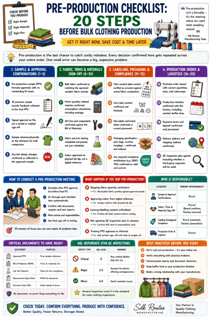 Pre-production checklist for clothing manufacturing